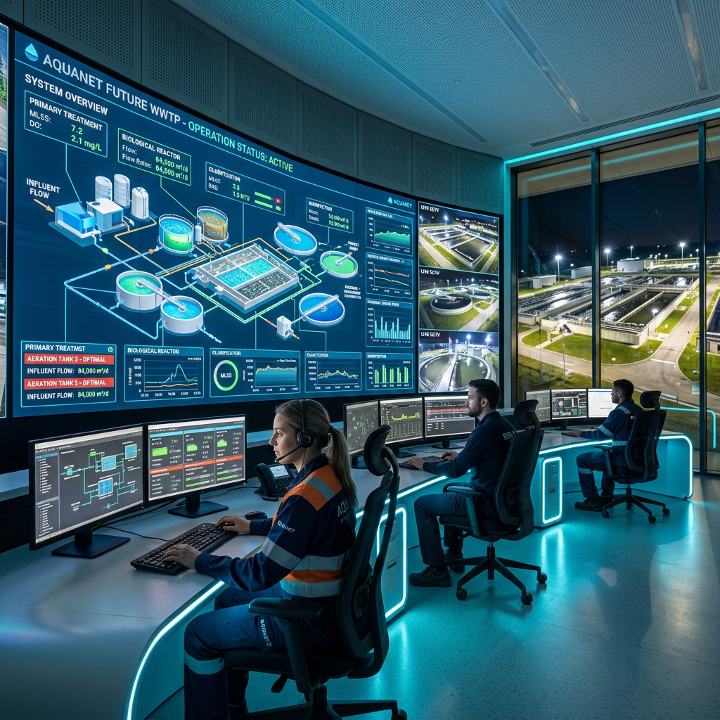 Control room with operators monitoring wastewater treatment plant systems on multiple screens
